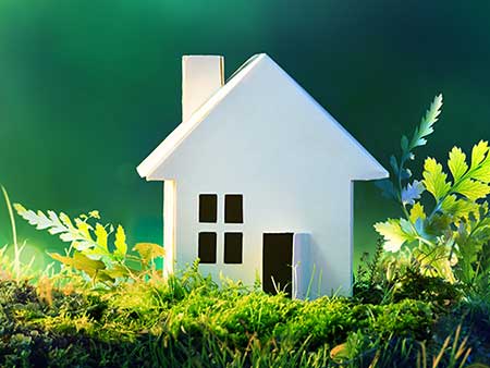 Green ferns around a white wooden house model